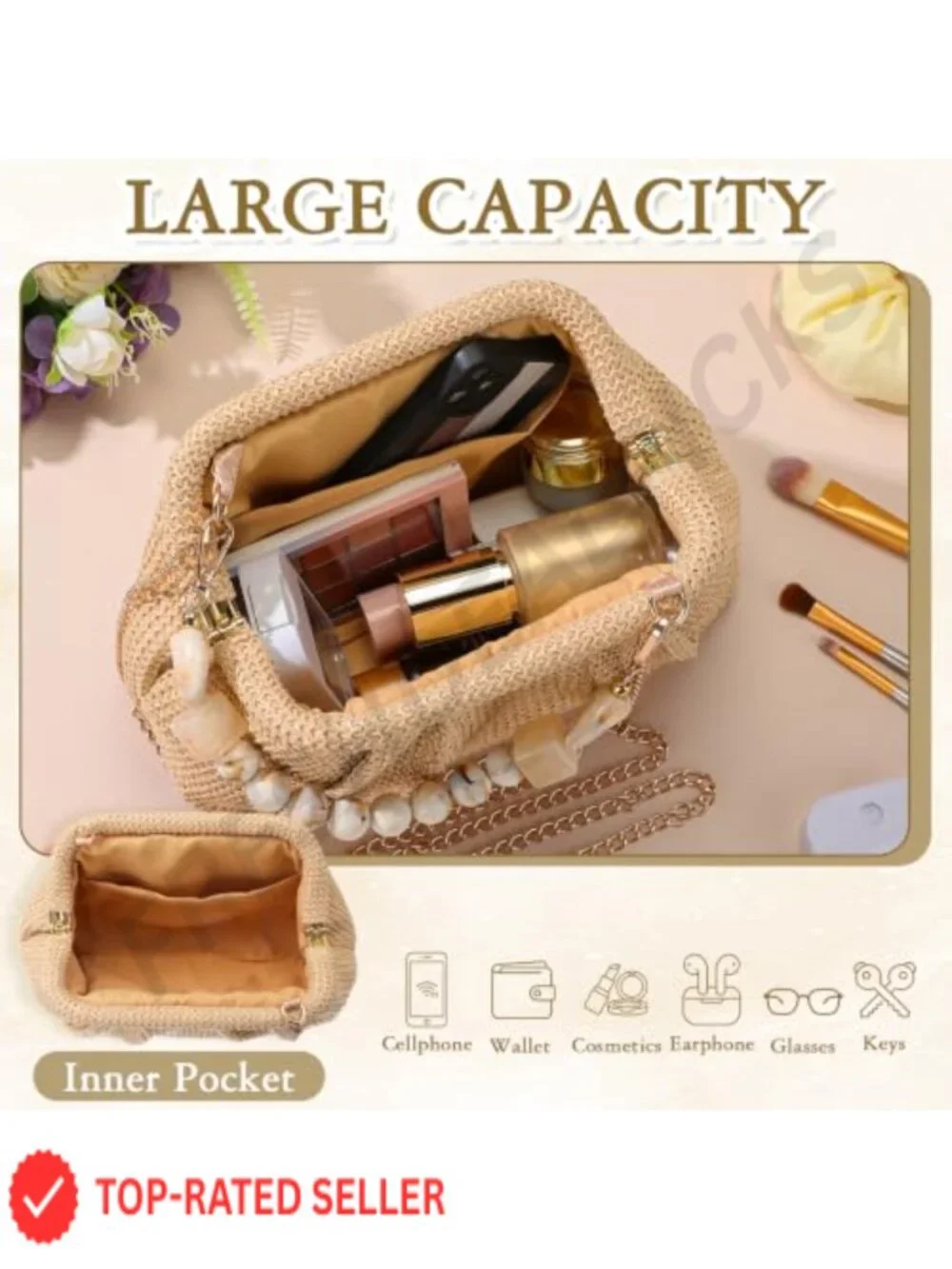 Woven Straw Clutch Purse for Women, Boho Beach Bag with Detachable Chain Straps